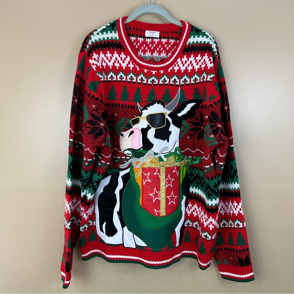 Holiday Time Men’s Cow Christmas Sweater with Drink Pocket XL NWOT Party